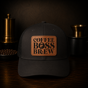 Black Trucker Hat with Brown Leather Logo